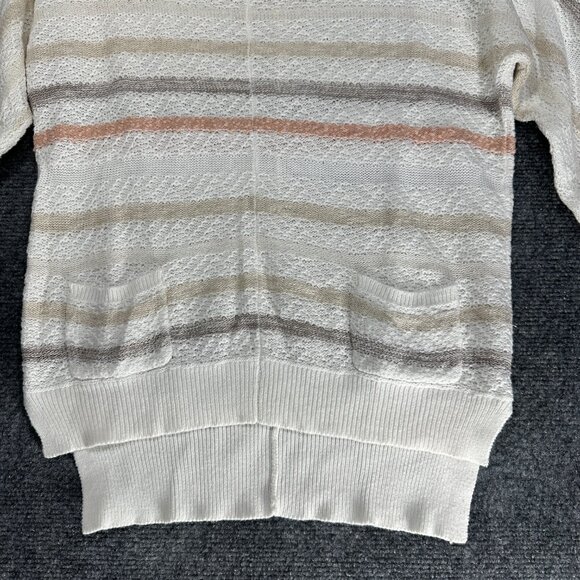 Ann Taylor LOFT Sweater Women XS White Striped Loose Knit Cotton Linen Pockets - Picture 2 of 9